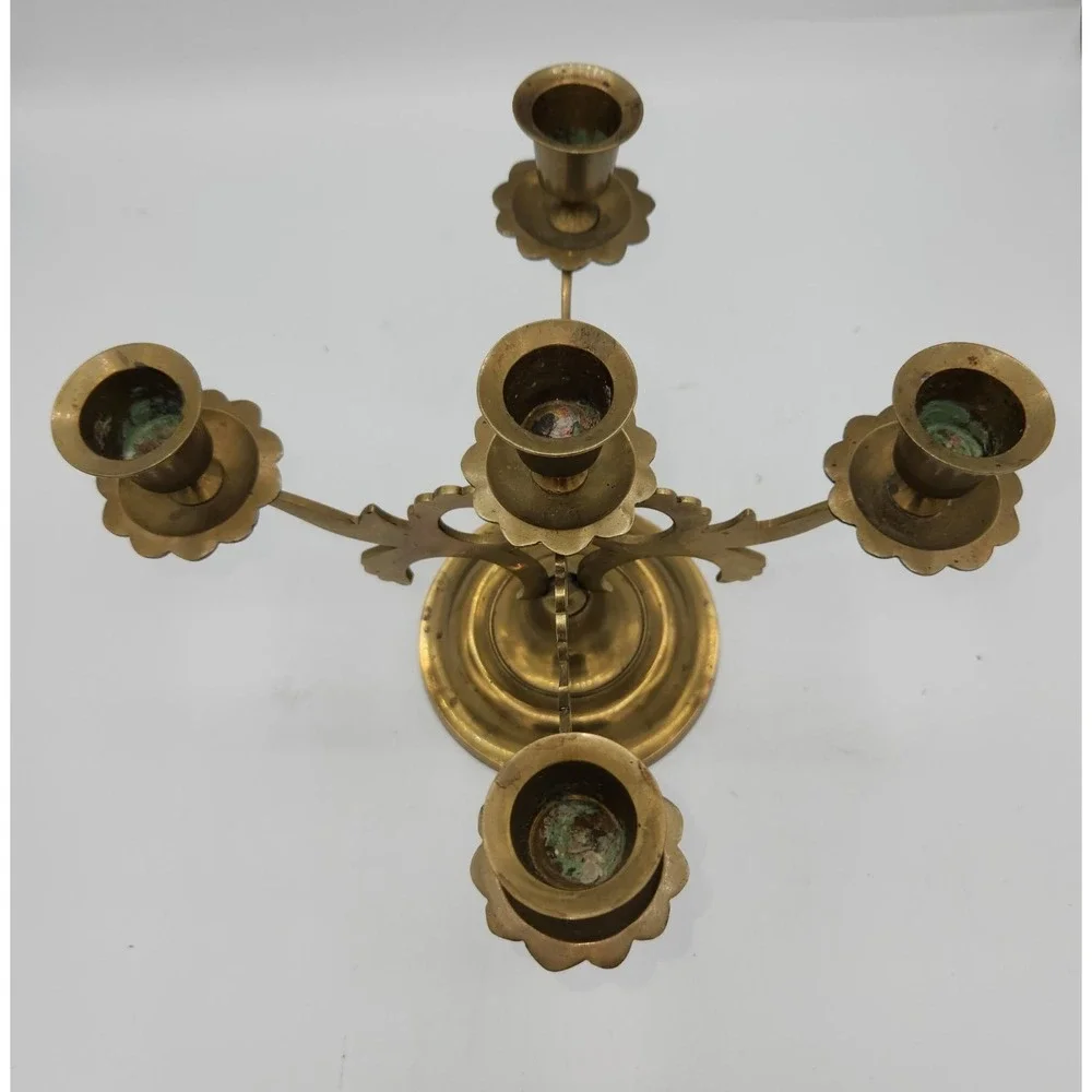 Vintage Solid Brass 5-Arm Candelabra Ornate Hand Crafted India Ornate Decorative
